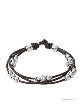 Fossil Leather Wrap Bracelet Stainless Steel Women's Wrist Wrap